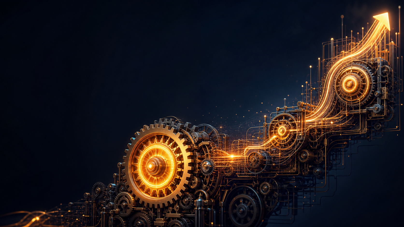 An abstract business engine branching into a luminous upward path representing strategic renewal