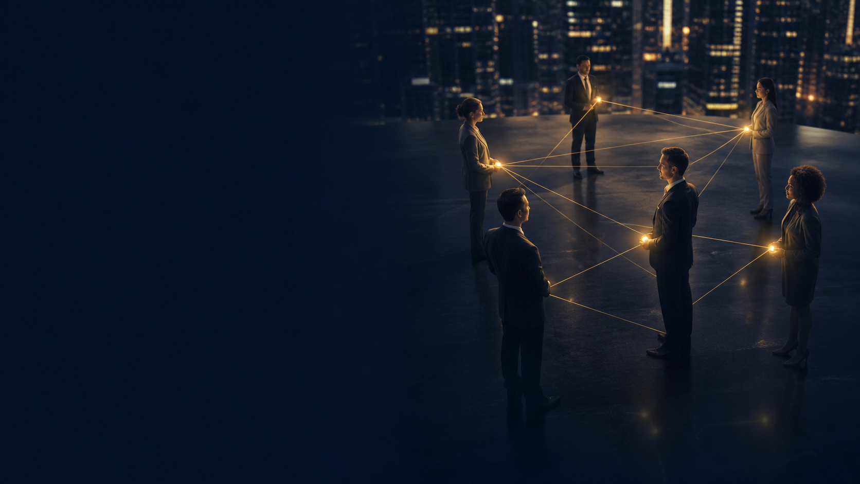 Professionals connected by lines of warm light across a city rooftop at night