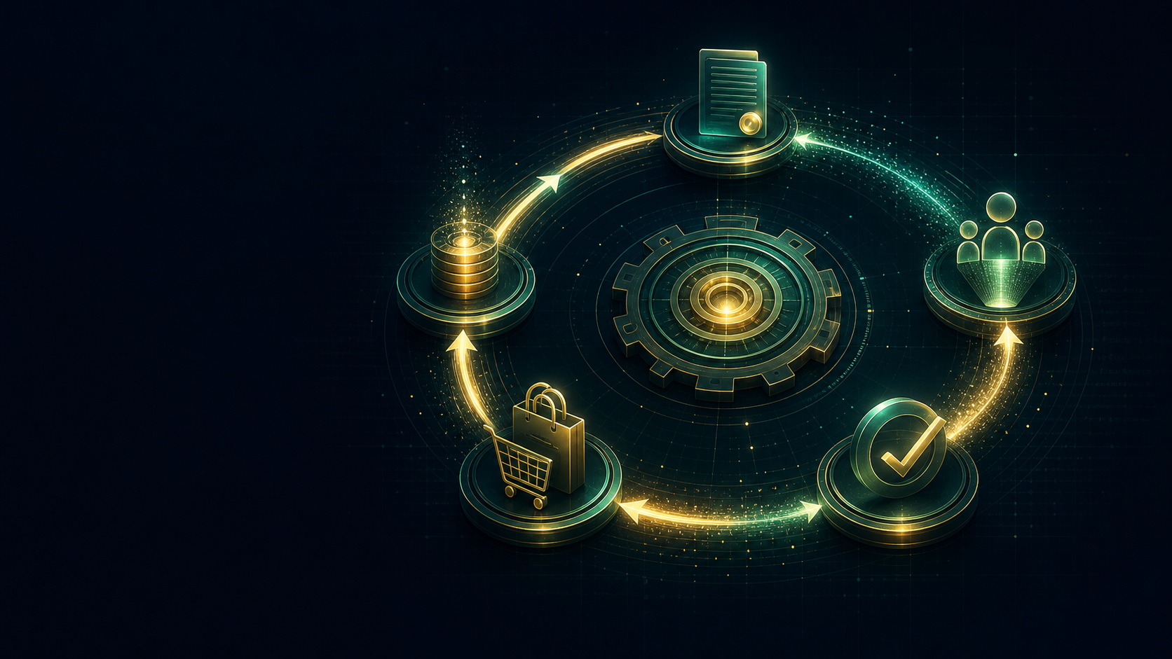 An abstract luminous customer-acquisition flywheel connecting attention, commitment, conversion, and reinvestment
