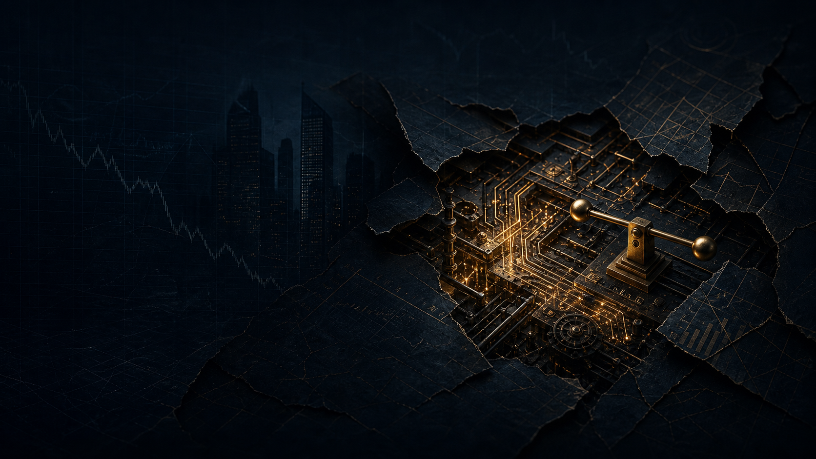 An abstract financial machine emerging from fractured dark market diagrams, illuminated by a gold lever.
