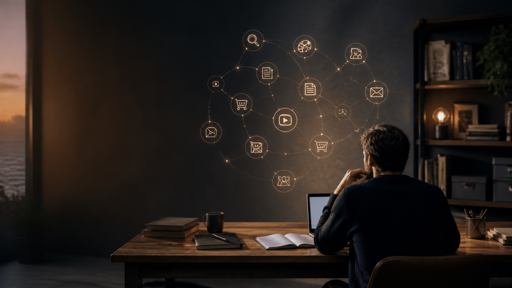Un emprendedor en su escritorio, considerando sistemas conectados para investigación, creación de productos, publicación y distribución.