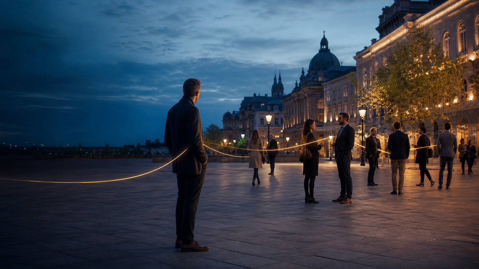People connected by subtle lines of warm light in a city square at dusk.