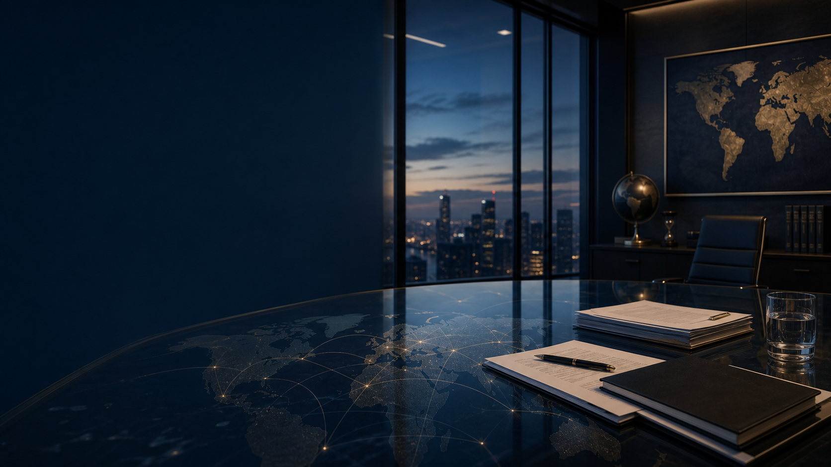 A dark executive boardroom with global maps and connected markets reflected across a conference table