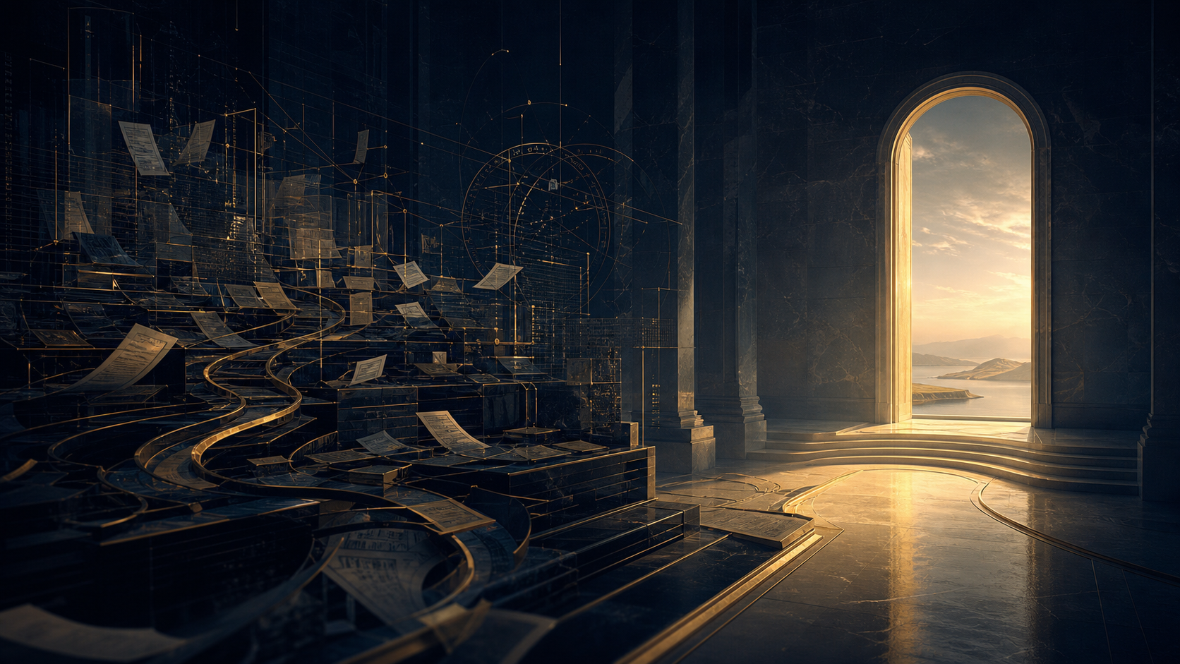 A crowded dark financial system beside an open, sunlit doorway representing an overlooked opportunity.