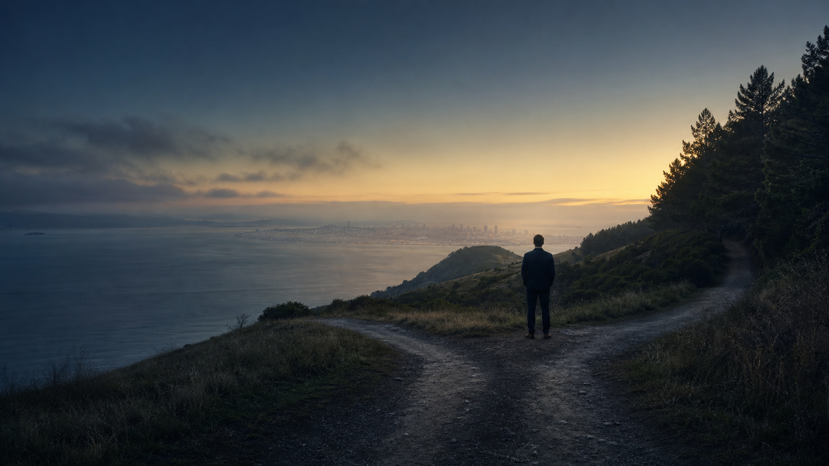 A solitary figure at a fork in a coastal path, looking toward a distant city at dawn.