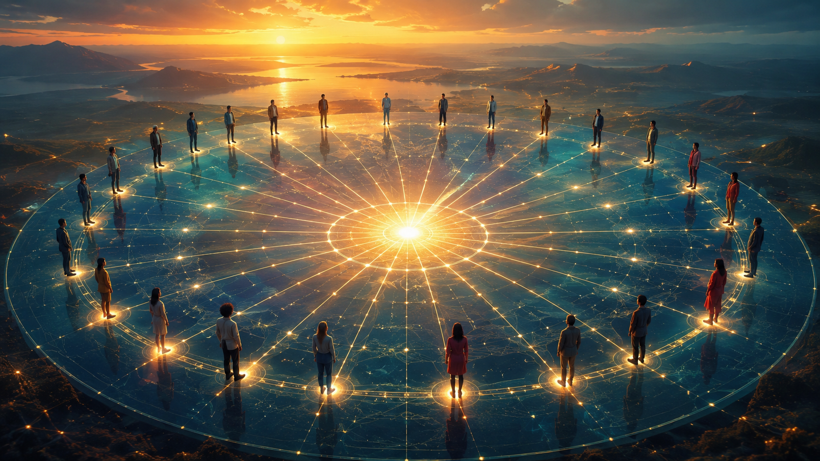 A glowing wheel of connected people radiating from a central light at sunset.
