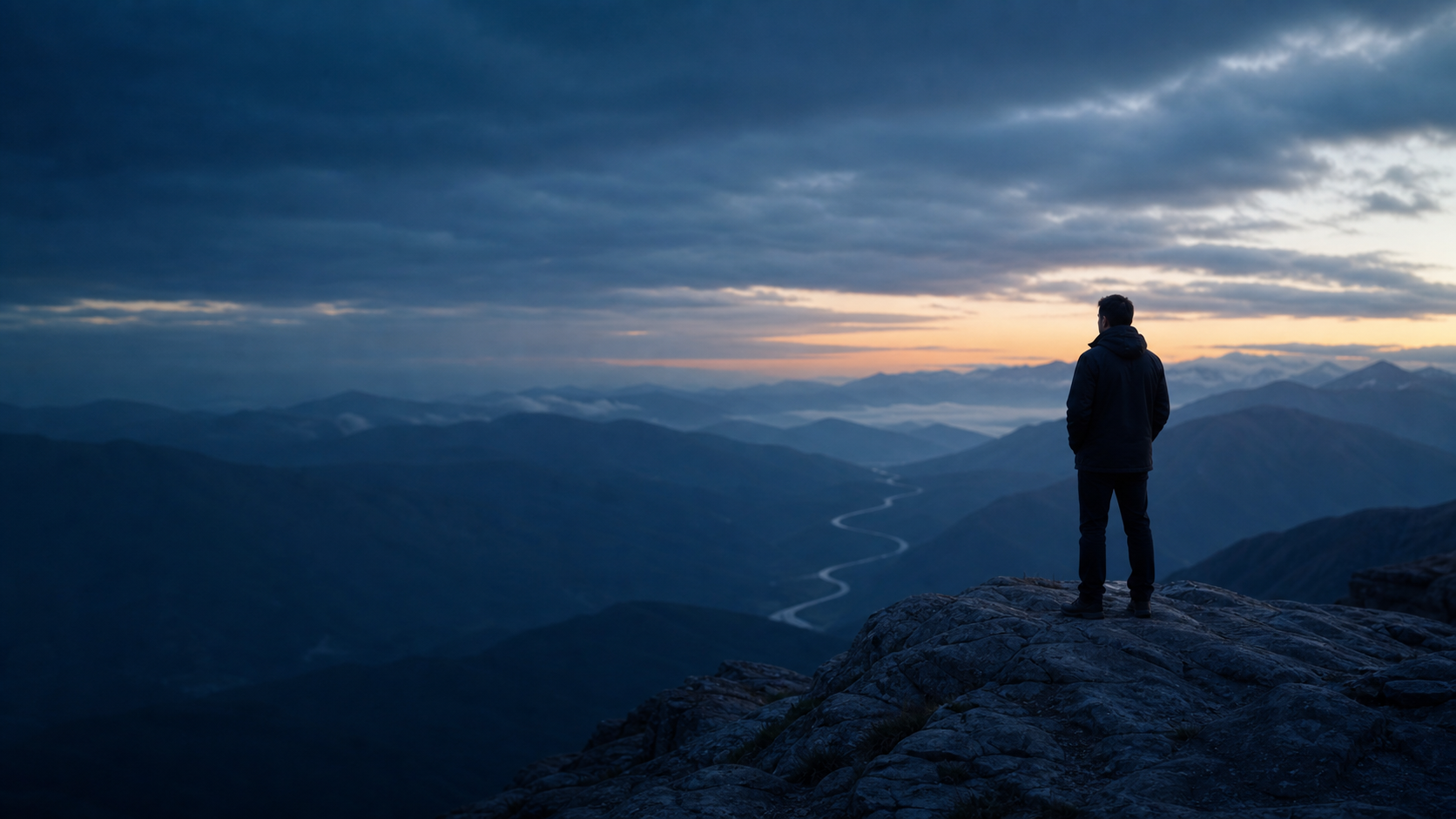 A solitary figure looking across a blue dawn horizon, suggesting reflection and clear perception